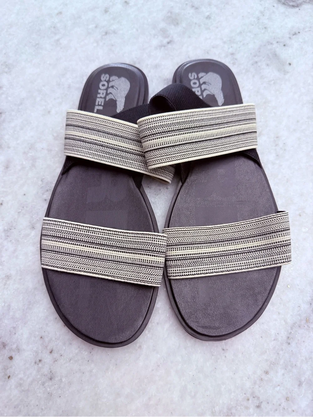 Sorel Men’s Black Slide Sandals with Beige Straps